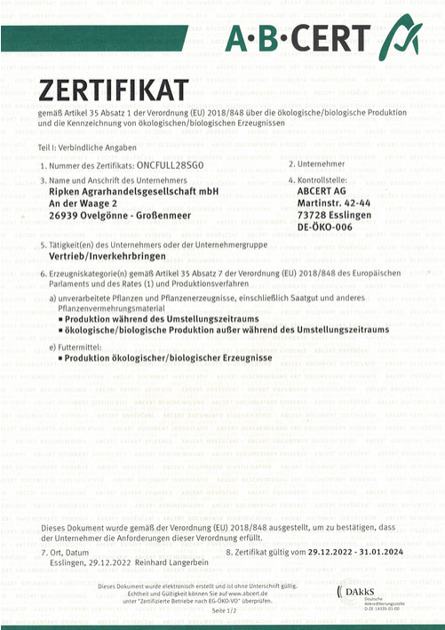BIO-Zertifikat Ripken Agrarhandel DE-OEKO-006
